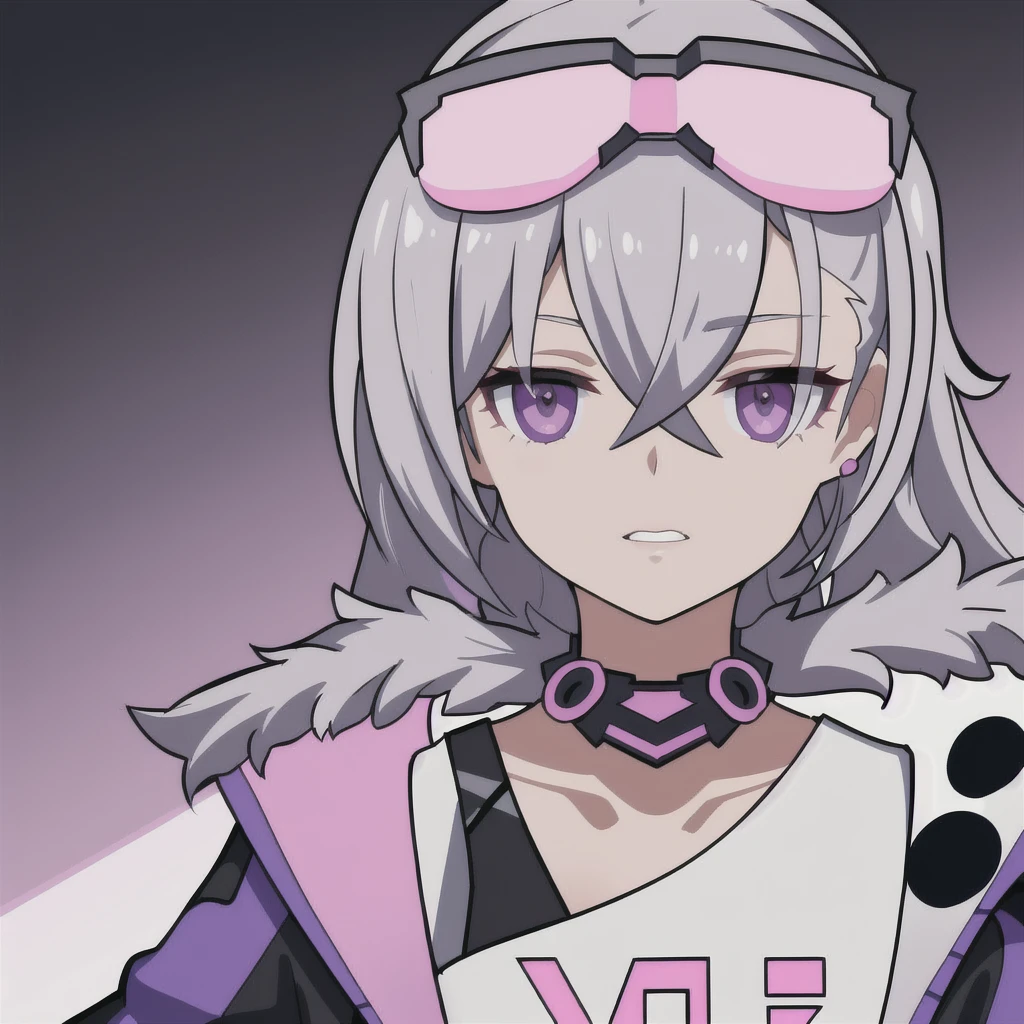 anime girl, grey hair, black eyes, bubblegum, dark pink clothes, purple glasses, silver wolf, white shirt, 1girl, masterpiece, (beautiful and aesthetic:1. 5), thick black lineart, clean lineart, perfect lineart, variable lineart, clean anime outlines, intense line art, bold lineart, sharp lineart, best quality, high quality, best quality, ultra-detailed, colourful, saturated colours, dynamic lighting, HD,