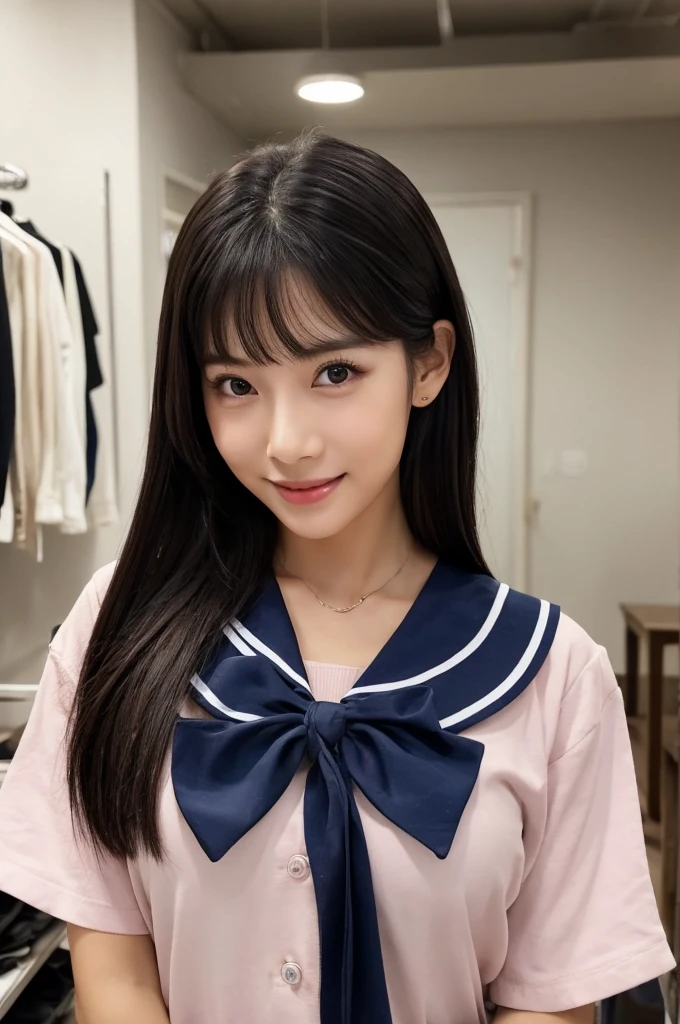 紺と白のセーラー服、Drama club room, high school senior, drama club president, ((full body)), ((photo)), ((best qualtiy, 8K, tmasterpiece:1.3)), Focus:1.2, perfect figure beautiful girl:1.4, 1girl, cowboy shot, look at viewer, eyes facing the camera, incredibly absurd, beautiful and cute girl with a photorealistic face, showcasing top-quality craftsmanship, A Japanese girl preparing for club activities in the drama club room, 15 years old, long, straight, silky black hair, fair skin, big eyes, thin eyebrows, double eyelids, long eyelashes, pink lips, smile, devilish smile, gorgeous features, well-defined facial features, beautiful face line, mysterious beauty, slender, tall, well-balanced proportions, large E-cup breasts, navy blue sailor uniform, favorite silver accessories, well-groomed nails, pretty girl, beauty, devilish type, pretty older sister, passionate about art, sociable, friendly, positive, has leadership skills, is proactive, is flexible, gets things done efficiently, works hard towards dreams and goals, May