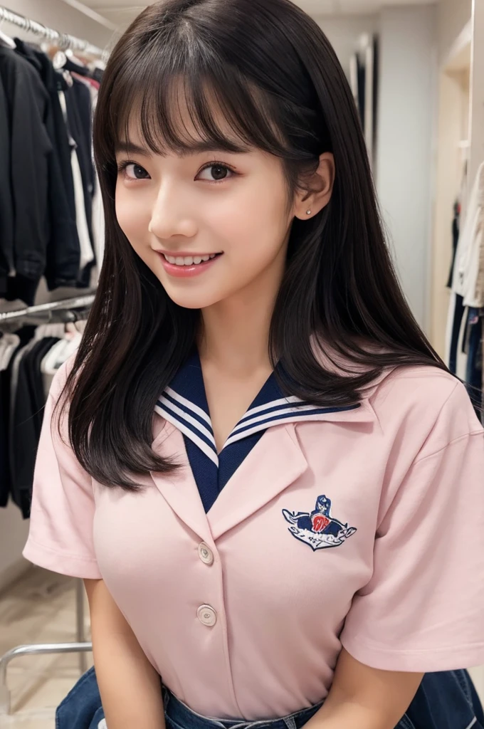 紺と白のセーラー服、Drama club room, high school senior, drama club president, ((full body)), ((photo)), ((best qualtiy, 8K, tmasterpiece:1.3)), Focus:1.2, perfect figure beautiful girl:1.4, 1girl, cowboy shot, look at viewer, eyes facing the camera, incredibly absurd, beautiful and cute girl with a photorealistic face, showcasing top-quality craftsmanship, A Japanese girl preparing for club activities in the drama club room, 15 years old, long, straight, silky black hair, fair skin, big eyes, thin eyebrows, double eyelids, long eyelashes, pink lips, smile, devilish smile, gorgeous features, well-defined facial features, beautiful face line, mysterious beauty, slender, tall, well-balanced proportions, large E-cup breasts, navy blue sailor uniform, favorite silver accessories, well-groomed nails, pretty girl, beauty, devilish type, pretty older sister, passionate about art, sociable, friendly, positive, has leadership skills, is proactive, is flexible, gets things done efficiently, works hard towards dreams and goals, May