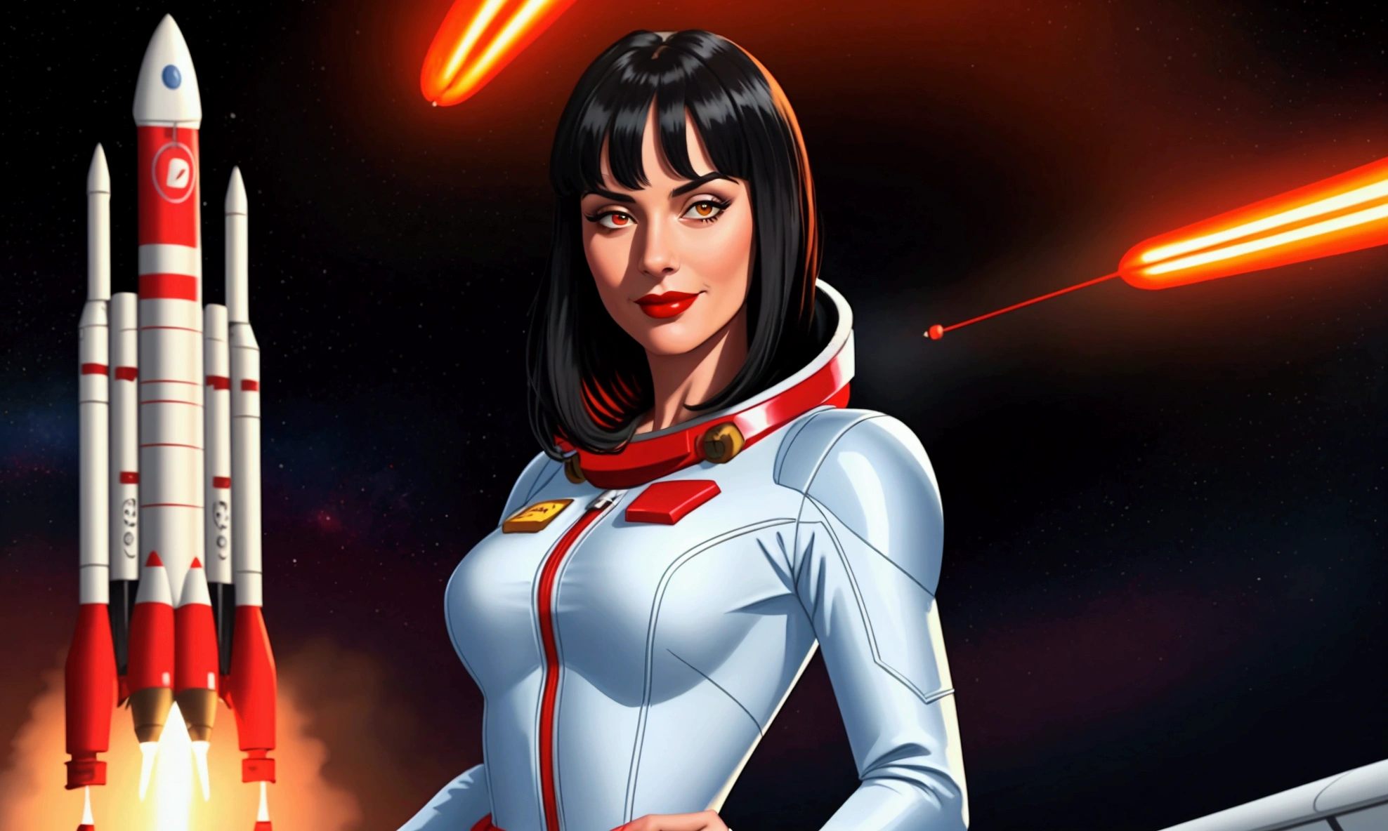 High-quality realistic acrylic painting, VIVID COLORS, back point a view, a beautiful european woman with shoulder-length black straight hair, bangs, looking at the viewer with suspicious face and a shy smile, red lips, she wears white space suit, hands in the waist, dramatic yellow red lights, background night in 60´s rocket launch platform