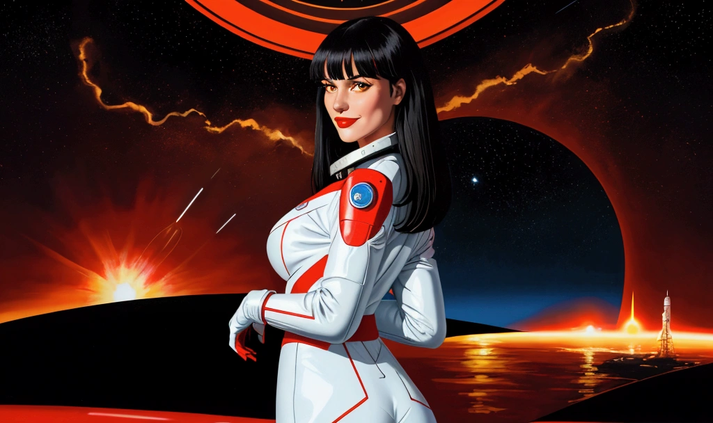 High-quality realistic acrylic painting, VIVID COLORS, back point a view, a beautiful european woman with shoulder-length black straight hair, bangs, looking at the viewer with suspicious face and a shy smile, red lips, she wears white space suit, hands in the waist, dramatic yellow red lights, background night in 60´s rocket launch platform