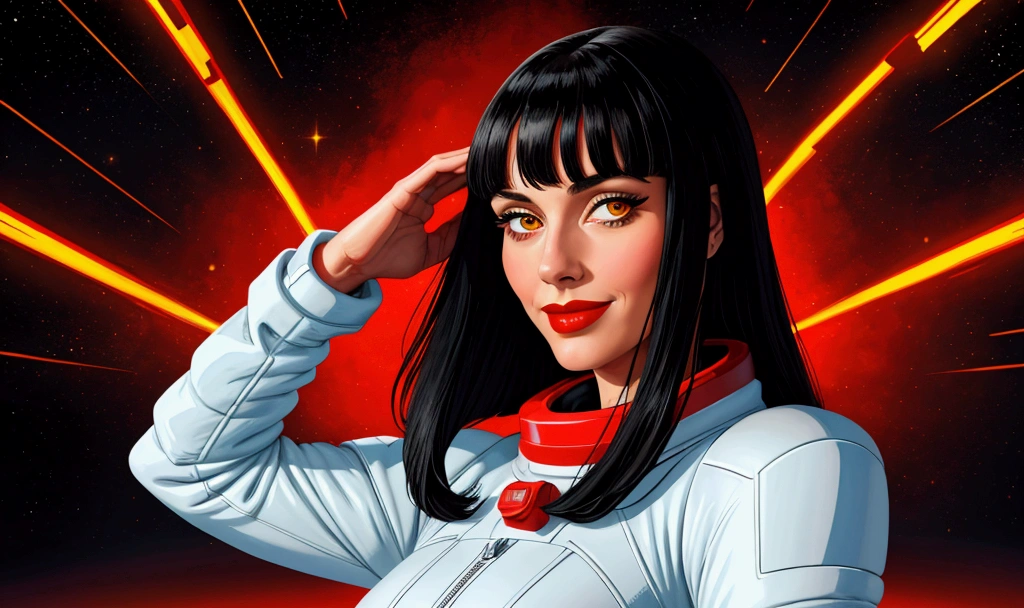 High-quality realistic acrylic painting, VIVID COLORS, back point a view, a beautiful european woman with shoulder-length black straight hair, bangs, looking at the viewer with suspicious face and a shy smile, red lips, she wears white space suit, hands in the waist, dramatic yellow red lights, background night in 60´s rocket launch platform