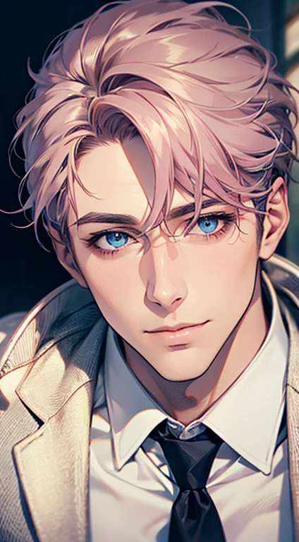 (Highest quality,4K,8K,High resolution,masterpiece:1.2),Super detailed,(Realistic,photoRealistic,photo-Realistic:1.37),1 person,31 years old,Mature Men,Beautiful skin、very handsome,Expressionless,smile,Short gray pink hair,blue eyes,Sharp Eyes,A perfect face without a doubt,Businessman,Office Background,Cinema Lighting,HDR image,tie、