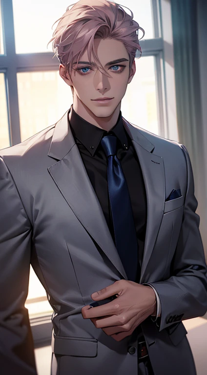 (Highest quality,4K,8K,High resolution,masterpiece:1.2),Super detailed,(Realistic,photoRealistic,photo-Realistic:1.37),1 person,31 years old,Mature Men,Beautiful skin、very handsome,Expressionless,smile,Short gray pink hair,blue eyes,Sharp Eyes,A perfect face without a doubt,Businessman,Office Background,Cinema Lighting,HDR image,tie、