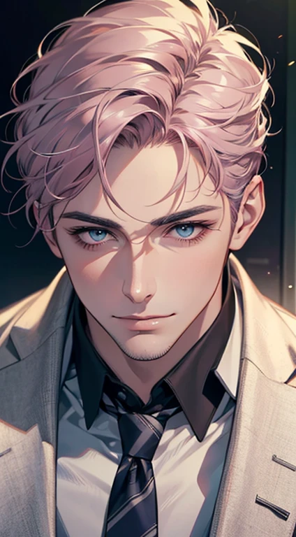 (Highest quality,4K,8K,High resolution,masterpiece:1.2),Super detailed,(Realistic,photoRealistic,photo-Realistic:1.37),1 person,31 years old,Mature Men,Beautiful skin、very handsome,Expressionless,smile,Short gray pink hair,blue eyes,Sharp Eyes,A perfect face without a doubt,Businessman,Office Background,Cinema Lighting,HDR image,tie、