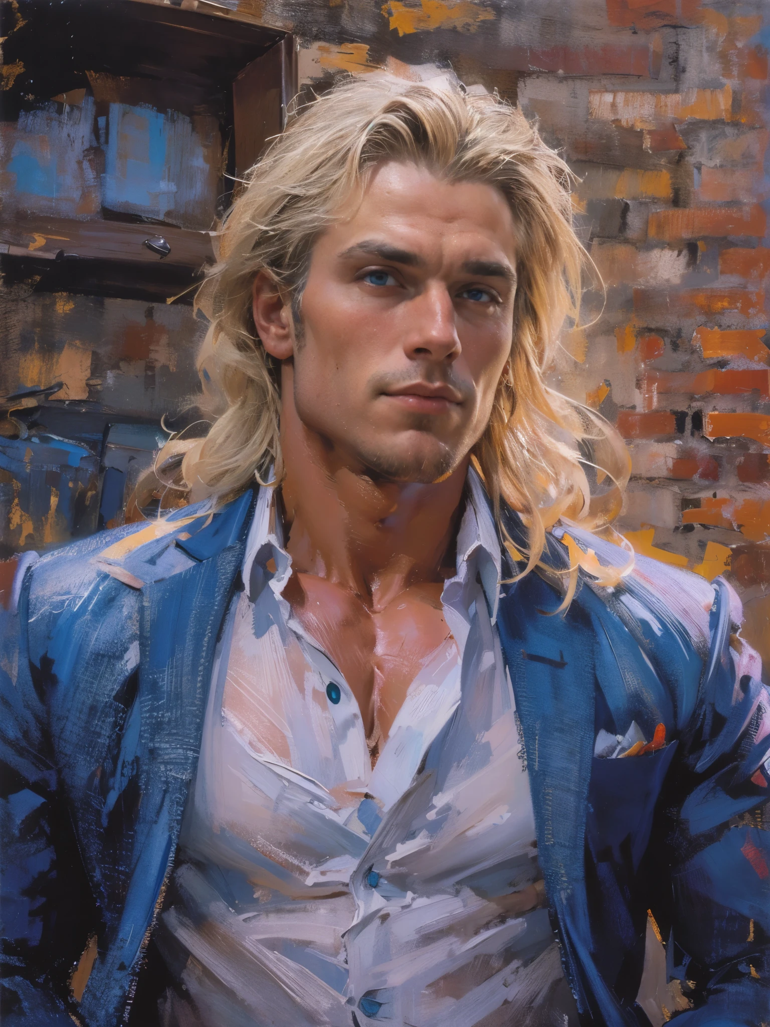 (dramatic illumination, dynamic angle, intense color contrast), (portrait of a man with blond hair and blue eyes, wearing blue blazer, white shirt, jeans), (slight grin), (aloof attitude), (muscular), outside old brick building), (prep), (fechin oil painting), Very Long Hair, tattoos