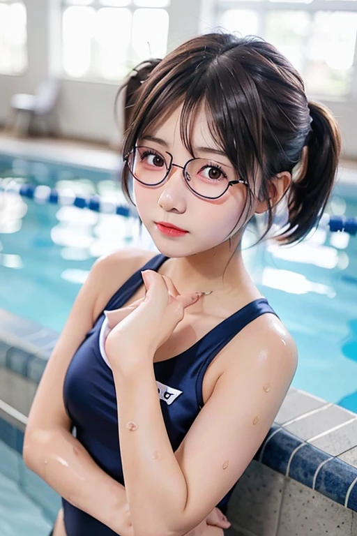 one girl, (a beauty girl, delicate girl:1.3), (:1.3),((Wet school swimsuit)) (Navy School Swimsuit:1.3),((Cute pose)) ,Very detailedな明瞭さ, (Symmetrical eyes:1.3), (School swimming pool, indoor:1.3), Small breasts, Brown eyes, ((Twin tails)), Brown Hair, girl,, (Eye and facial details:1.0),, (masterpiece, Highest quality, Very detailed, Detailed face, 8k)、(Wearing glasses)