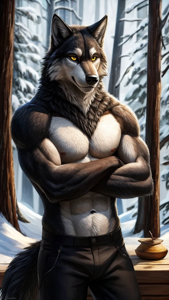 There is an anthropomorphic wolf with black fur and honey-yellow eyes wearing only black pants, he is shirtless, with a beautiful body, the image shows the wolf with his arms crossed and looking at the camera, he is in a wooden hut in a pine forest with snow 