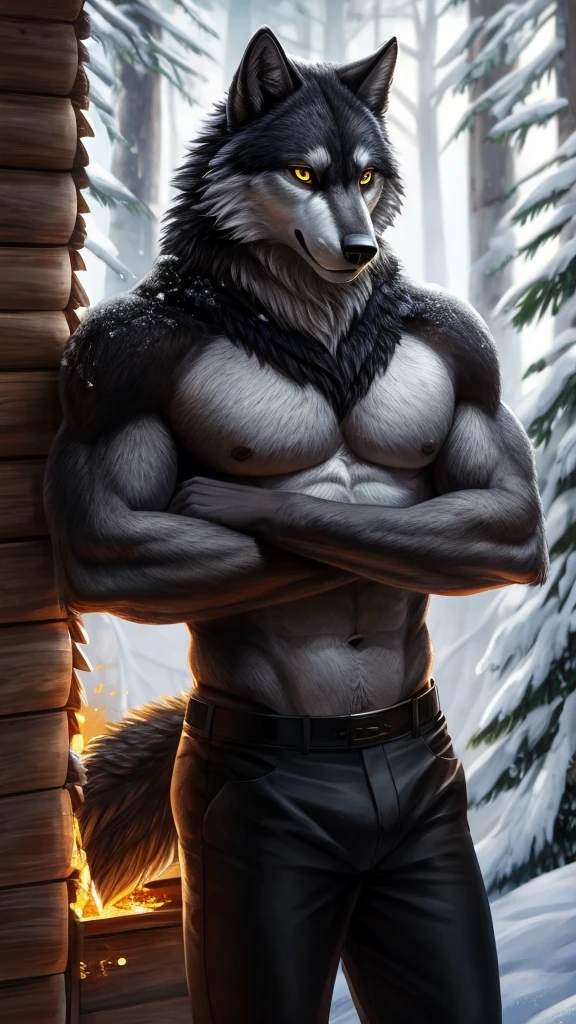 There is an anthropomorphic wolf with black fur and honey-yellow eyes wearing only black pants, he is shirtless, with a beautiful body, the image shows the wolf with his arms crossed and looking at the camera, he is in a wooden hut in a pine forest with snow 