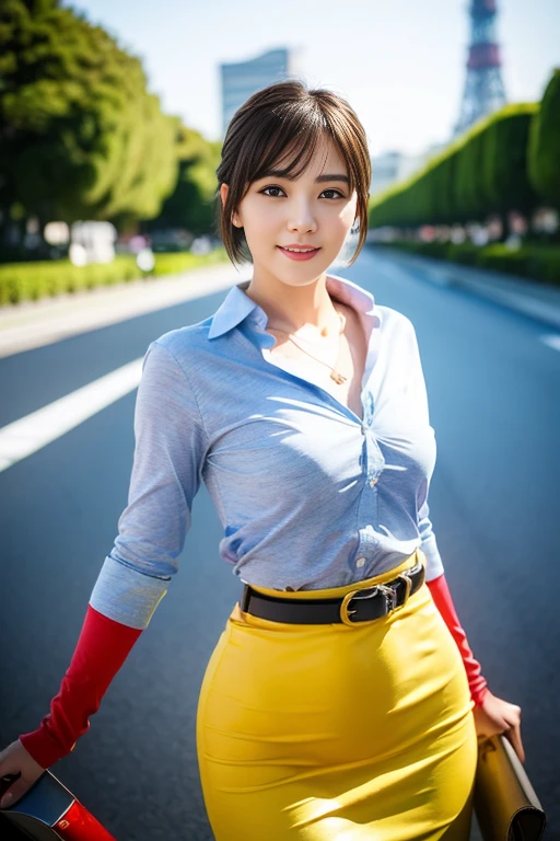 (a tall and pretty woman, age28, kind smile, dimpled cheeks, slender abs, short hair, styish bob hair, side bangs, ponytail, ample bosom, wearing pendant, korean trendy fashion, white button up shirt, belt, yellow pencil skirt, Tokyo Tower in background, detailed eyes, double eyelid, best quality, 8k, highres, masterpiece:1.3, realistic, photorealistic:1.37, HDR, UHD, studio lighting, ultra-fine painting, sharp focus, physically-based rendering, extreme detail description, professional, vivid colors, bokeh, cowboy-shot)