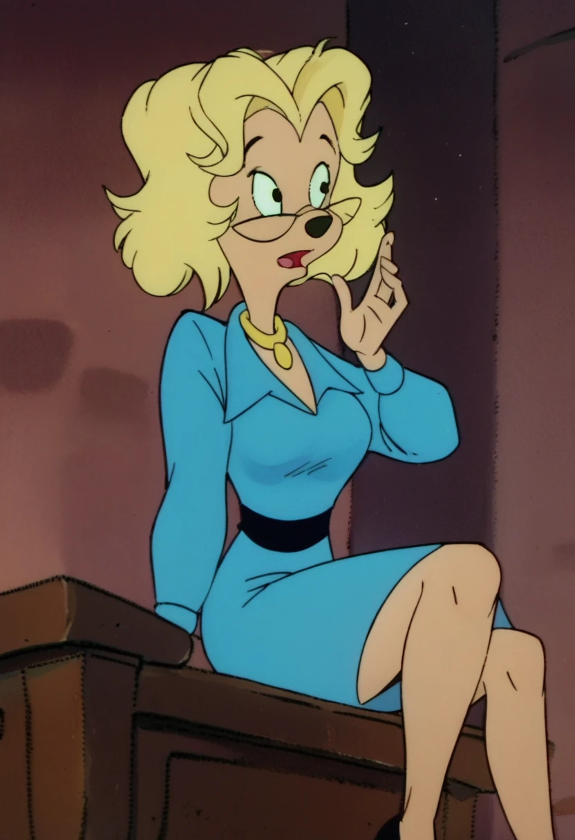 score_9, score_8_up, score_7_up, score_6_up, score_5_up, score_4_up, BREAK, misspennypacker, 1girl, solo, long sleeves, dress, belt, black footwear, retro artstyle, furry female, furry, blonde hair, blue dress, short hair, glasses, looking at viewer, squeezed breasts together, sitting on sofa, upper body, seductive smile, aroused, white lace bra, covered nipples,