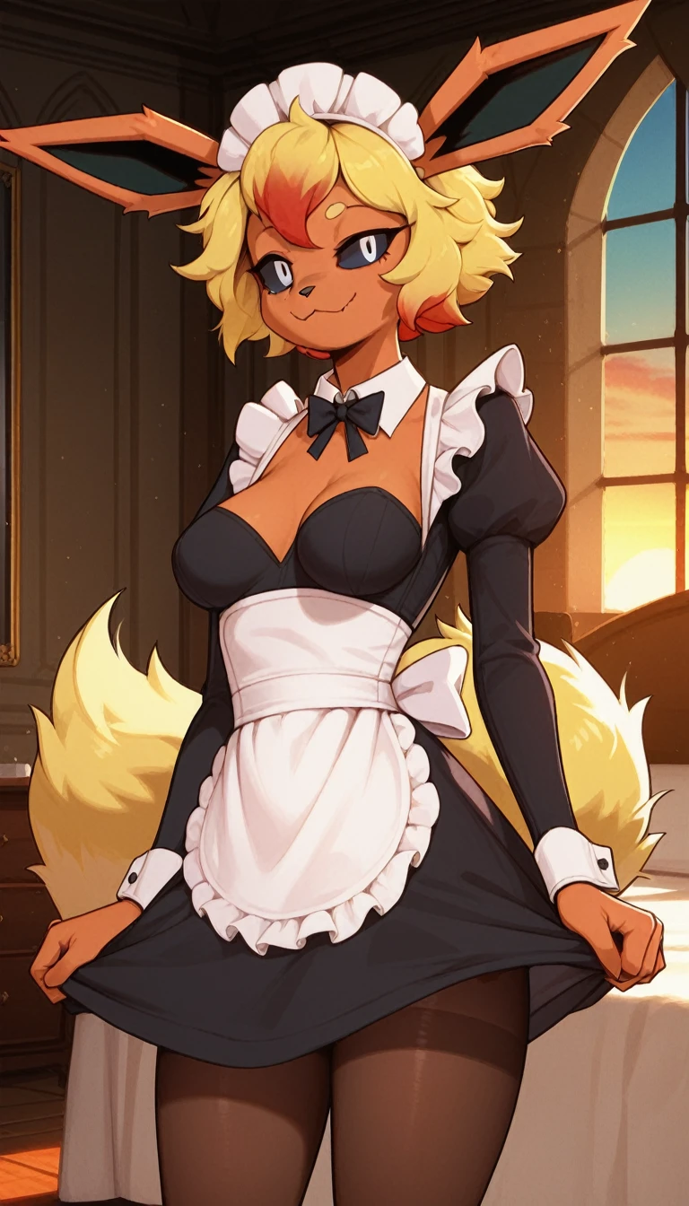 Excited expression, 1girl, anthro, furry, fur, fluffy fur, flareon girl, yellow hair (red highlights), black sclera, white eyes, short hair, Messy hair, (19 years), medium breast, thicc thighs, solo, (bedroom, mansion), sunset, detailed, smug smile, maid outfit, pantyhose, score_9, score_8_up, score_7_up, score_6_up, score_5_up, score_4_up