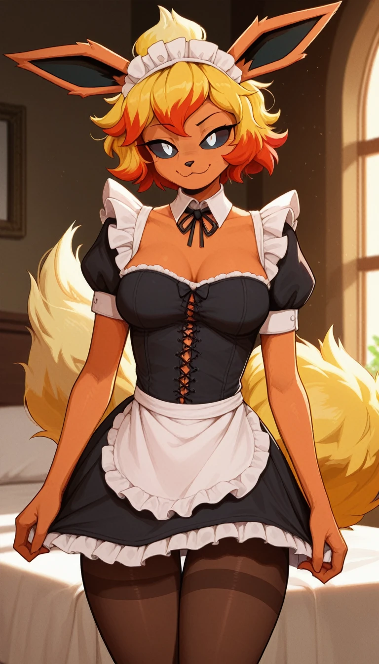 Excited expression, 1girl, anthro, furry, fur, fluffy fur, flareon girl, yellow hair (red highlights), black sclera, white eyes, short hair, Messy hair, (19 years), medium breast, thicc thighs, solo, (bedroom, mansion), sunset, detailed, smug smile, maid outfit, pantyhose, score_9, score_8_up, score_7_up, score_6_up, score_5_up, score_4_up