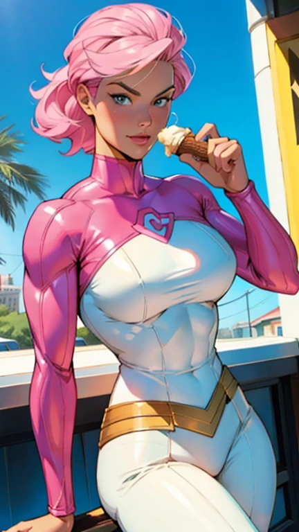 Margot Robie, Barbie pink, Dc Comics, dressed as a Barbie version of power girl, by Adam Hughes, (sexy), eating an ice cream cone