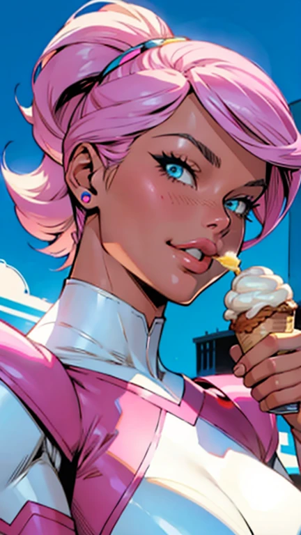 Margot Robie, Barbie pink, Dc Comics, dressed as a Barbie version of power girl, by Adam Hughes, (sexy), eating an ice cream cone