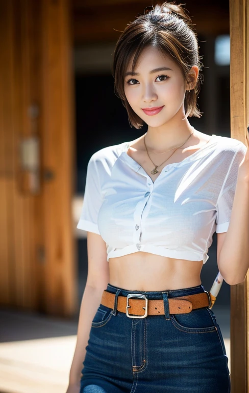 (a tall and pretty woman, age28, kind smile, dimpled cheeks, slender abs, short hair, styish bob hair, side bangs, ponytail, ample bosom, wearing pendant, korean trendy fashion, white button up shirt, belt, yellow pencil skirt, Tokyo Tower in background, detailed eyes, double eyelid, best quality, 8k, highres, masterpiece:1.3, realistic, photorealistic:1.37, HDR, UHD, studio lighting, ultra-fine painting, sharp focus, physically-based rendering, extreme detail description, professional, vivid colors, bokeh, cowboy-shot)