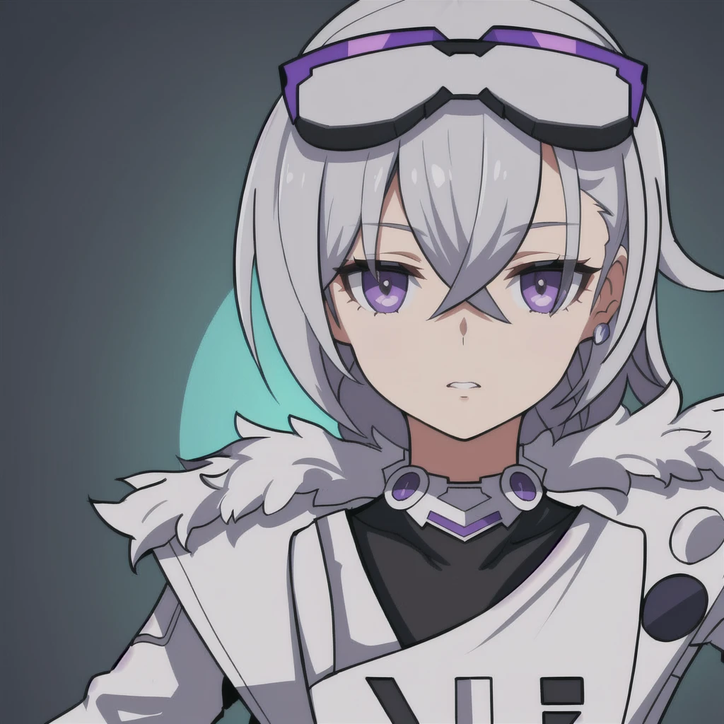 anime girl, grey hair, black eyes, purple jacket, silver wolf, white shirt, 1girl, masterpiece, (beautiful and aesthetic:1. 5), thick black lineart, clean lineart, perfect lineart, variable lineart, clean anime outlines, intense line art, bold lineart, sharp lineart, best quality, high quality, best quality, ultra-detailed, colourful, saturated colours, dynamic lighting, HD,