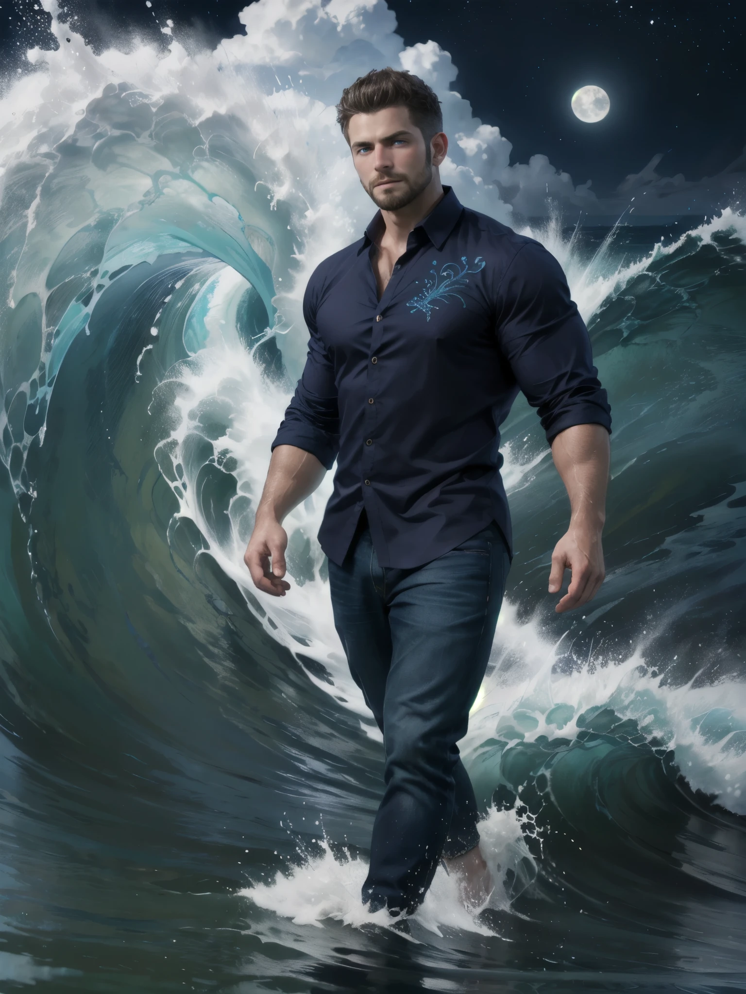 (Ocean greek god), hydromancer, muscular mature male, water magic, handsome, short beard, short hair, mystic, modern outfit, masterpiece, eye focus, best quality, anatomically correct, ((dark-blue royal shirt, intricate silver embroidery)), (walk on water: 1.15), water particles flying around, ocean, huge waves behind character, ((storm)), huge waves around character, night, night sky, mystic, moon,