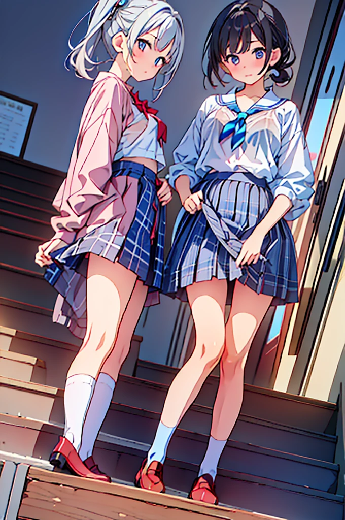 ((Highest quality, 8k, RAW Photos)), Sharp Focus 1.5,((high school girl３people々々were lined up))Twin tails,ponytail,Shortcuts,Rear View((When you go down the stairs at the station))((パンツ 3people々)),(((Low - Angle,Blue and light blue plaid mini skirt)))(((loose socks,loafers)))((From below))((The bra is visible through the summer shirt))風でスカートがめくれ上がる3people々