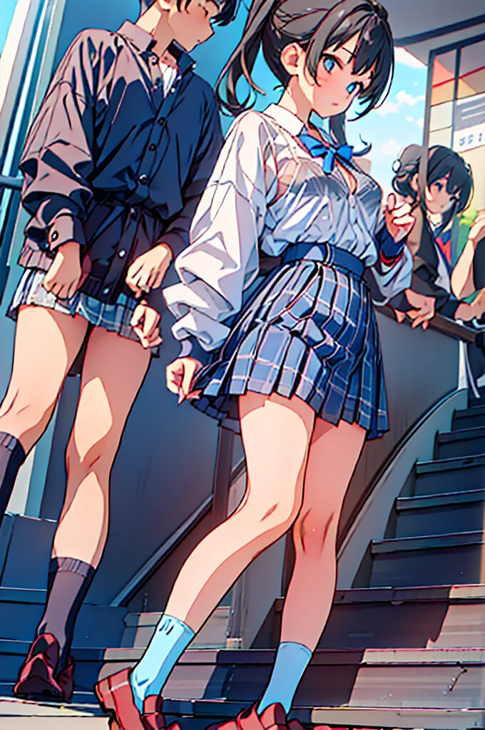 ((Highest quality, 8k, RAW Photos)), Sharp Focus 1.5,((high school girl３people々々were lined up))Twin tails,ponytail,Shortcuts,Rear View((When you go down the stairs at the station))((パンツ 3people々)),(((Low - Angle,Blue and light blue plaid mini skirt)))(((loose socks,loafers)))((From below))((The bra is visible through the summer shirt))風でスカートがめくれ上がる3people々