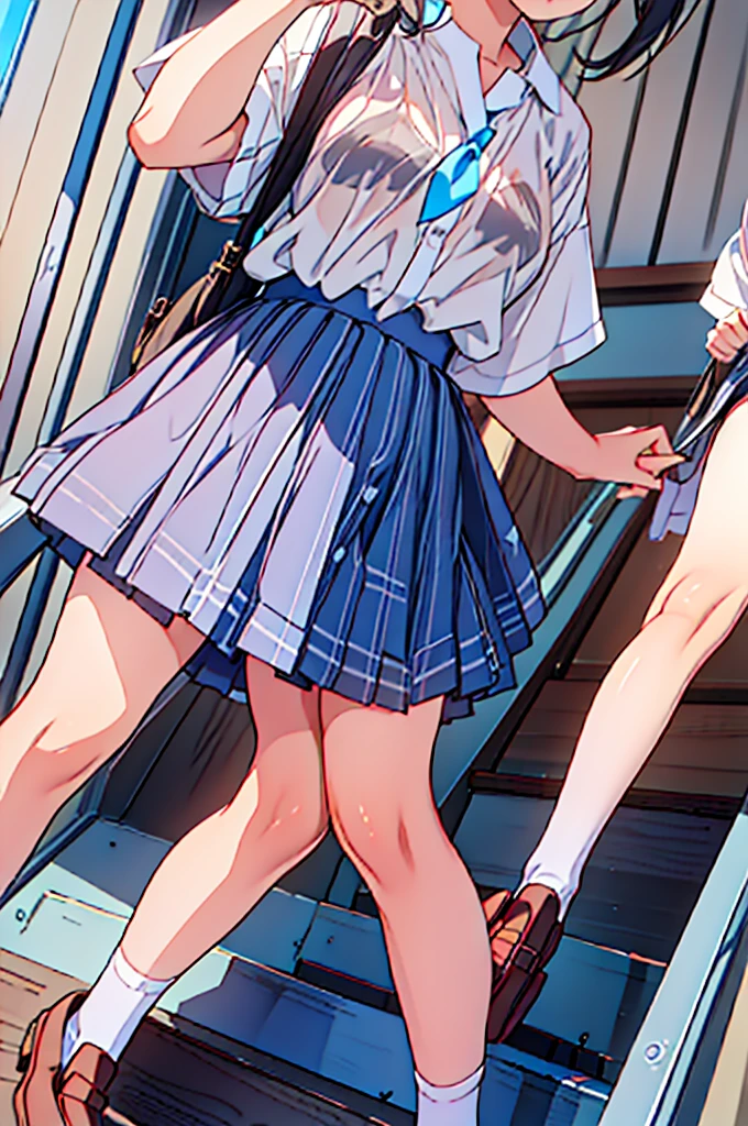 ((Highest quality, 8k, RAW Photos)), Sharp Focus 1.5,((high school girl３people々々were lined up))Twin tails,ponytail,Shortcuts,Rear View((When you go down the stairs at the station))((パンツ 3people々)),(((Low - Angle,Blue and light blue plaid mini skirt)))(((loose socks,loafers)))((From below))((The bra is visible through the summer shirt))風でスカートがめくれ上がる3people々