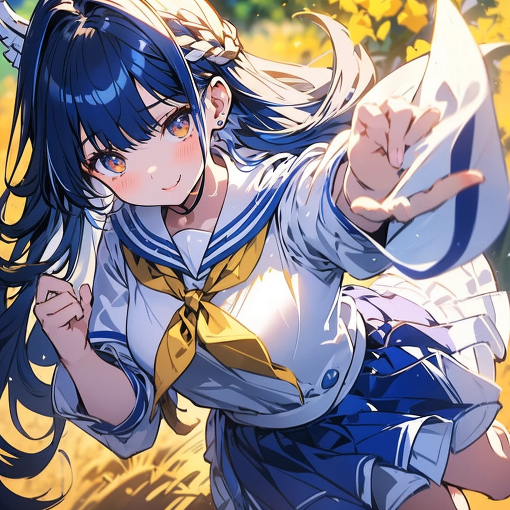 masterpiece++, Best Quality++, ultra-definition++, ultra-definition++, rey tracing, 4K or more++, 8K or more++, Slight details, (Background Focus )++,Young woman with golden laurel wreath, (((Ultramarine hair))), (((White dip dyed hair))), (((red streaked hair))),sailor,Sailor collar,White shirt, skirt by the,anchor,