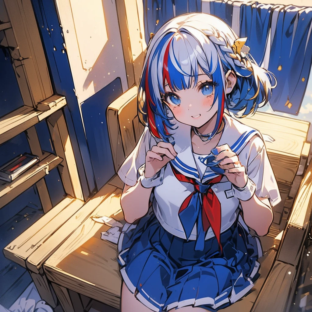 masterpiece++, Best Quality++, ultra-definition++, ultra-definition++, rey tracing, 4K or more++, 8K or more++, Slight details, (Background Focus )++,Young woman with golden laurel wreath, (((Ultramarine hair))), (((White dip dyed hair))), (((red streaked hair))),sailor,Sailor collar,White shirt, skirt by the,anchor,