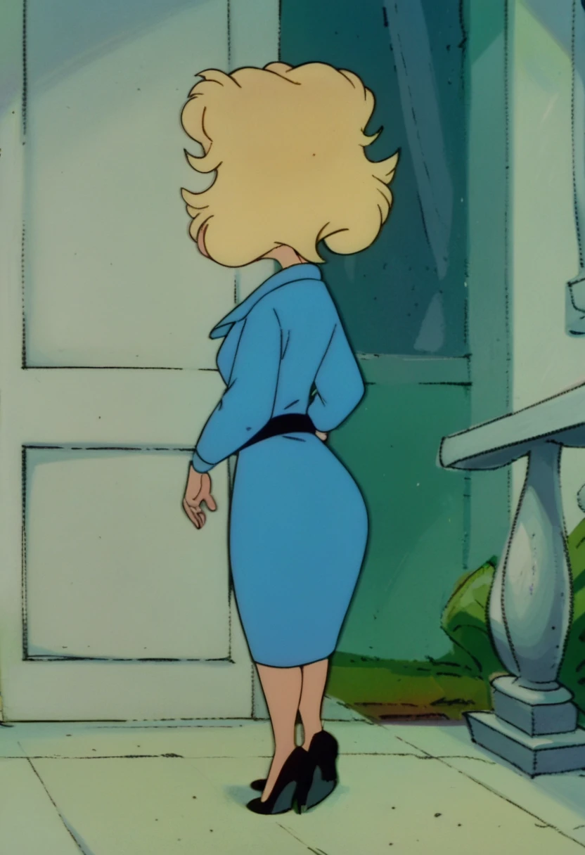 score_9, score_8_up, score_7_up, score_6_up, score_5_up, score_4_up, BREAK, misspennypacker, 1girl, solo, long sleeves, dress, belt, black footwear, high heels, retro artstyle, furry female, furry, blonde hair, blue dress, short hair, from behind