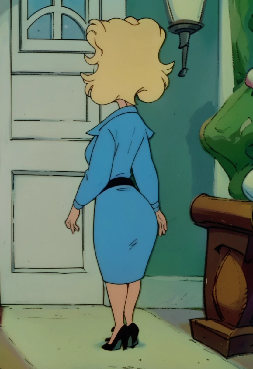 score_9, score_8_up, score_7_up, score_6_up, score_5_up, score_4_up, BREAK, misspennypacker, 1girl, solo, long sleeves, dress, belt, black footwear, high heels, retro artstyle, furry female, furry, blonde hair, blue dress, short hair, from behind