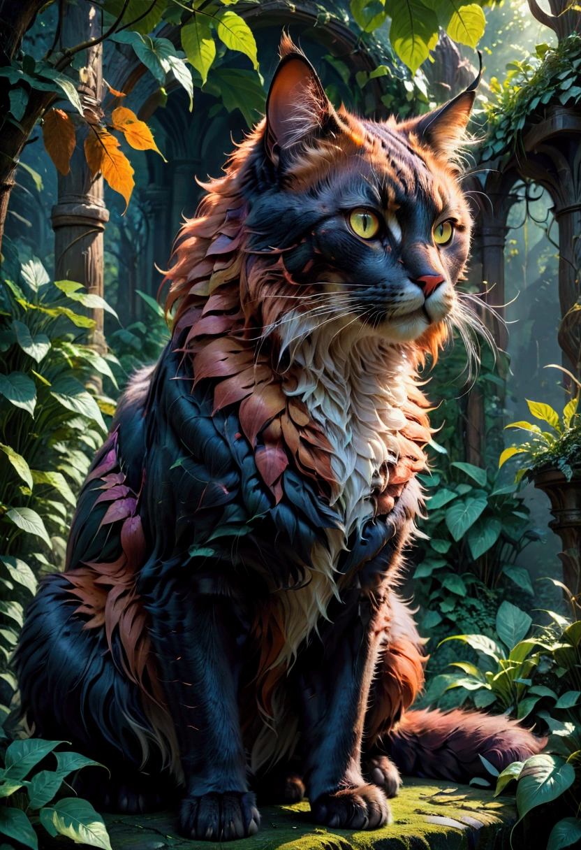 Giant Cat, A giant majestic cat, detailed feline anatomy, intricate fur textures, cinematic lighting, dramatic shadows, epic fantasy landscape, lush foliage, moody atmosphere, vibrant colors, 8k, masterpiece, best quality, very aesthetic, absurdres
