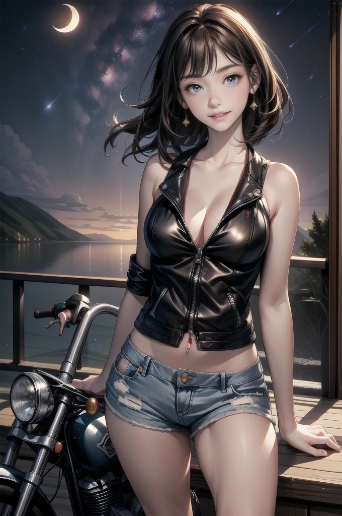 (cowboy shot), (Perfect Anatomy, top-quality、The ultra -The high-definition、high resolution、extremely details CG、8K Unit Wallpapers), mature 26-year-old, solo, Beautiful detailed eyes, black hair, short bob hair, blunt bang, (perky breasts, slender body, athletic), tall gangly body, gleaming skin, oily skin,( punk fashion, leather jacket, tank top、micro shorts), (drive a motorcycle,Harley-Davidson), on road at night, Starry Sky with Mountains and Lake, Jessica Rossier, Inspired by Jessica Rossier, Jessica Rossier Fantasy Art, Concept Art Magic Highlights, Official Artwork, Dream Painting, Ethereal Realm, Atmospheric artwork, dreamy matte paintings, serene endless stars inspired by Ted Nasmith, moonlit starry environments, epic music album covers.