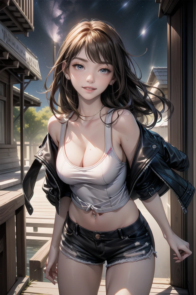 (cowboy shot), (Perfect Anatomy, top-quality、The ultra -The high-definition、high resolution、extremely details CG、8K Unit Wallpapers), mature 26-year-old, solo, Beautiful detailed eyes, black hair, short bob hair, blunt bang, (perky breasts, slender body, athletic), tall gangly body, gleaming skin, oily skin,( punk fashion, leather jacket, tank top、micro shorts), (drive a motorcycle,Harley-Davidson), on road at night, Starry Sky with Mountains and Lake, Jessica Rossier, Inspired by Jessica Rossier, Jessica Rossier Fantasy Art, Concept Art Magic Highlights, Official Artwork, Dream Painting, Ethereal Realm, Atmospheric artwork, dreamy matte paintings, serene endless stars inspired by Ted Nasmith, moonlit starry environments, epic music album covers.