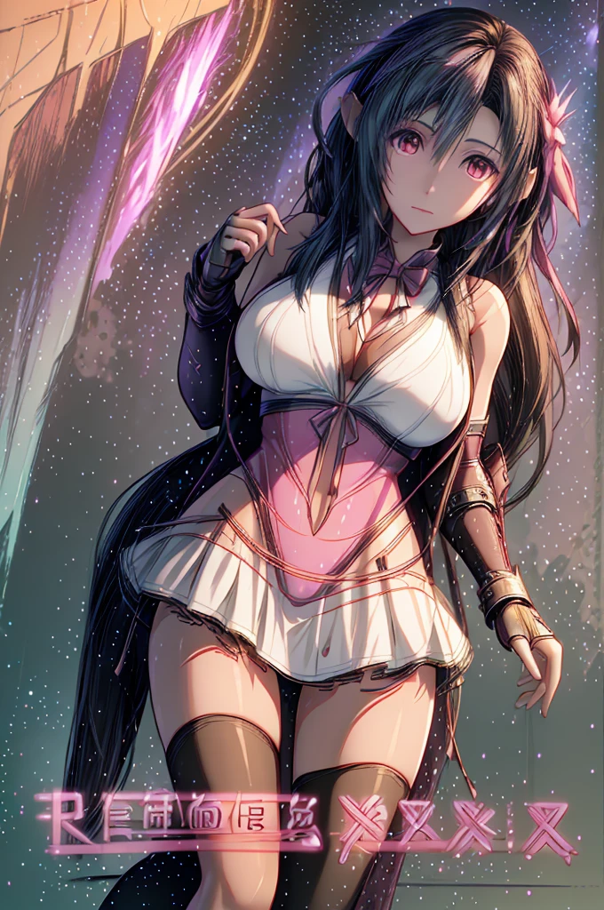 (8K HDR photorealistic pic:1.2), Tifa Lockhart, muscular, athletic, cheerful, toned body, (massive breasts), hourglass figure, fighter, long dark hair tied with ribbon at the end, ((Aerith costume, white dress, pink jacket)), seductive, red eyes, soft shadows, (masterpiece), Starry Sky with Mountains and Lake, Inspired by Jessica Rossier, Jessica Rossier Fantasy Art, Concept Art Magic Highlights, Official Artwork, ((hyperrealistic)), Ethereal Realm, Atmospheric artwork, dreamy matte paintings, serene endless stars inspired by Ted Nasmith, moonlit starry environments, epic music album covers.