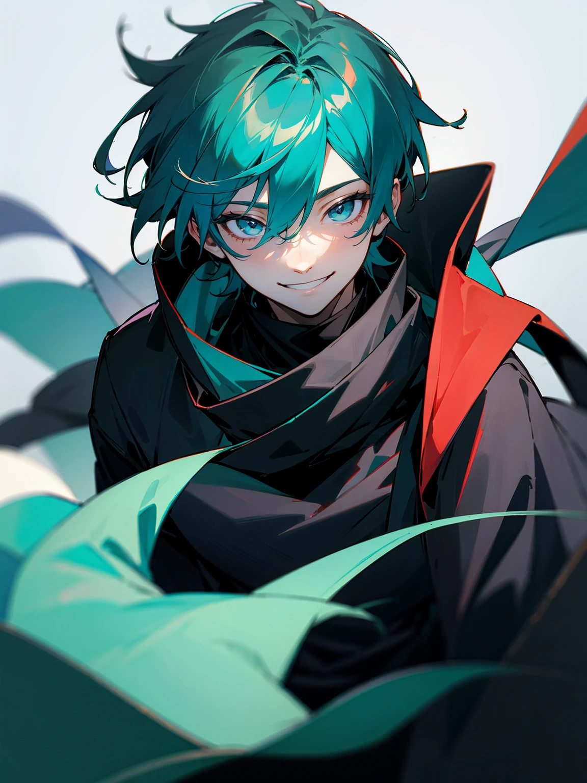 1male, teal hair, grey eyes, black scarf, black long sleeve shirt, smile