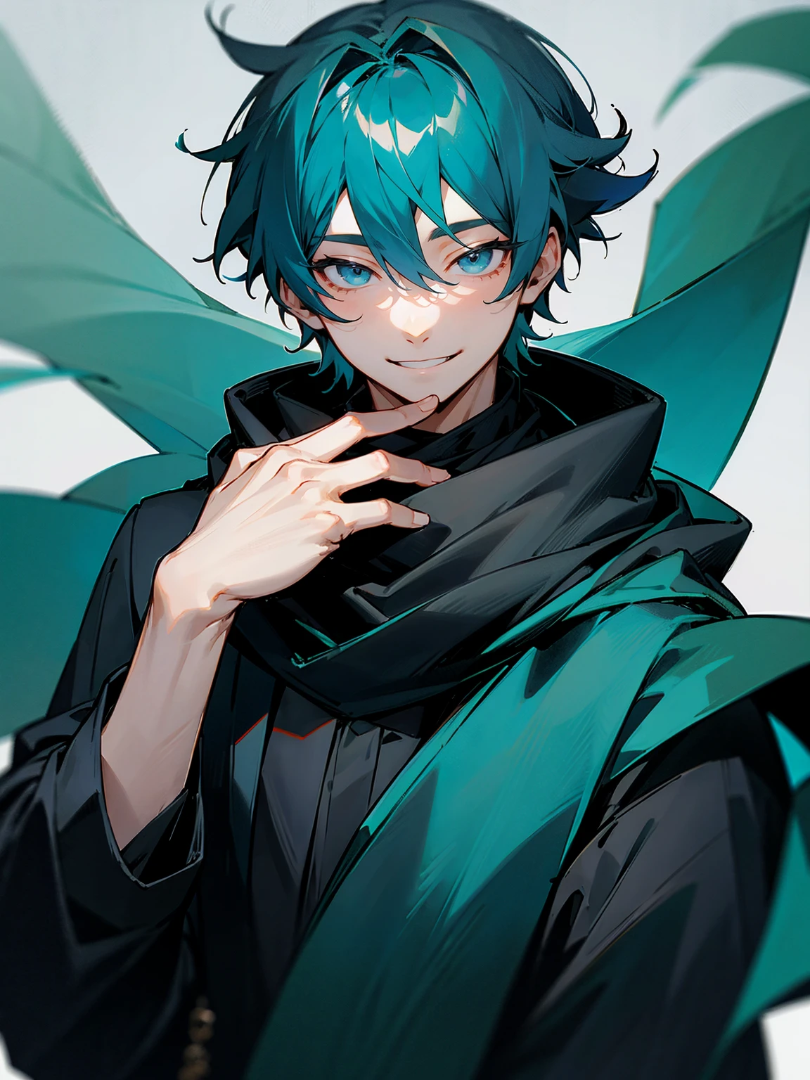 1male, teal hair, grey eyes, black scarf, black long sleeve shirt, smile