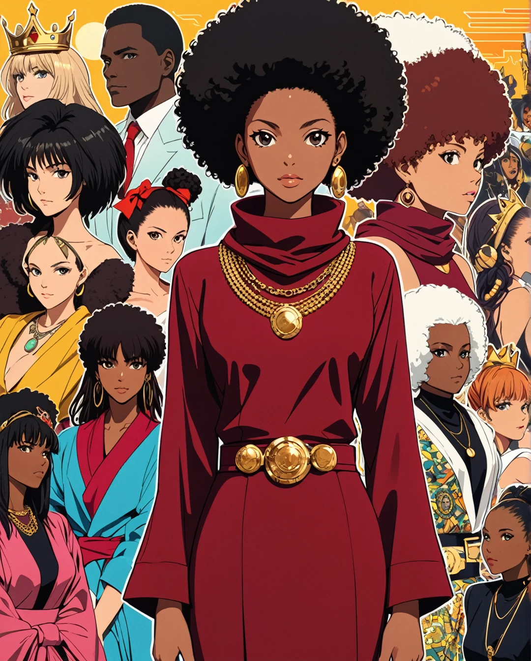 in style of Ashley Wood,(in style of by Liu Ye:0.5),
(((Beautiful black woman))), African Afro Hairstyle, ((big Afro puffs)), Gold crown, gold anklet, Ebony skin, ((dark skinned)), oily skin, shiny skin, Structured face, symmetrical profile, art ((illustration by BASQUIAT)), stud Diamonds, silver_colored_hair, (burgundy scarf), (beautiful burgundy dress and robe), (burgundy sash), ((burgundy cowl neck)), BREAK, Art style by Yoshiaki Kawajiri and Tsukasa Hojo and Toshihiro Kawamoto - -intricately detailed face - -80s and 90s anime still - -1980s retro anime - -1980s and 1990s anime retro nostalgia -highly detailed profile BREAK, ARISTYLE4, Soft Pastel -depth of field, Cinematic Angles, Dynamic angles, (((masterpiece))), perfect face, ((full body shot)),
