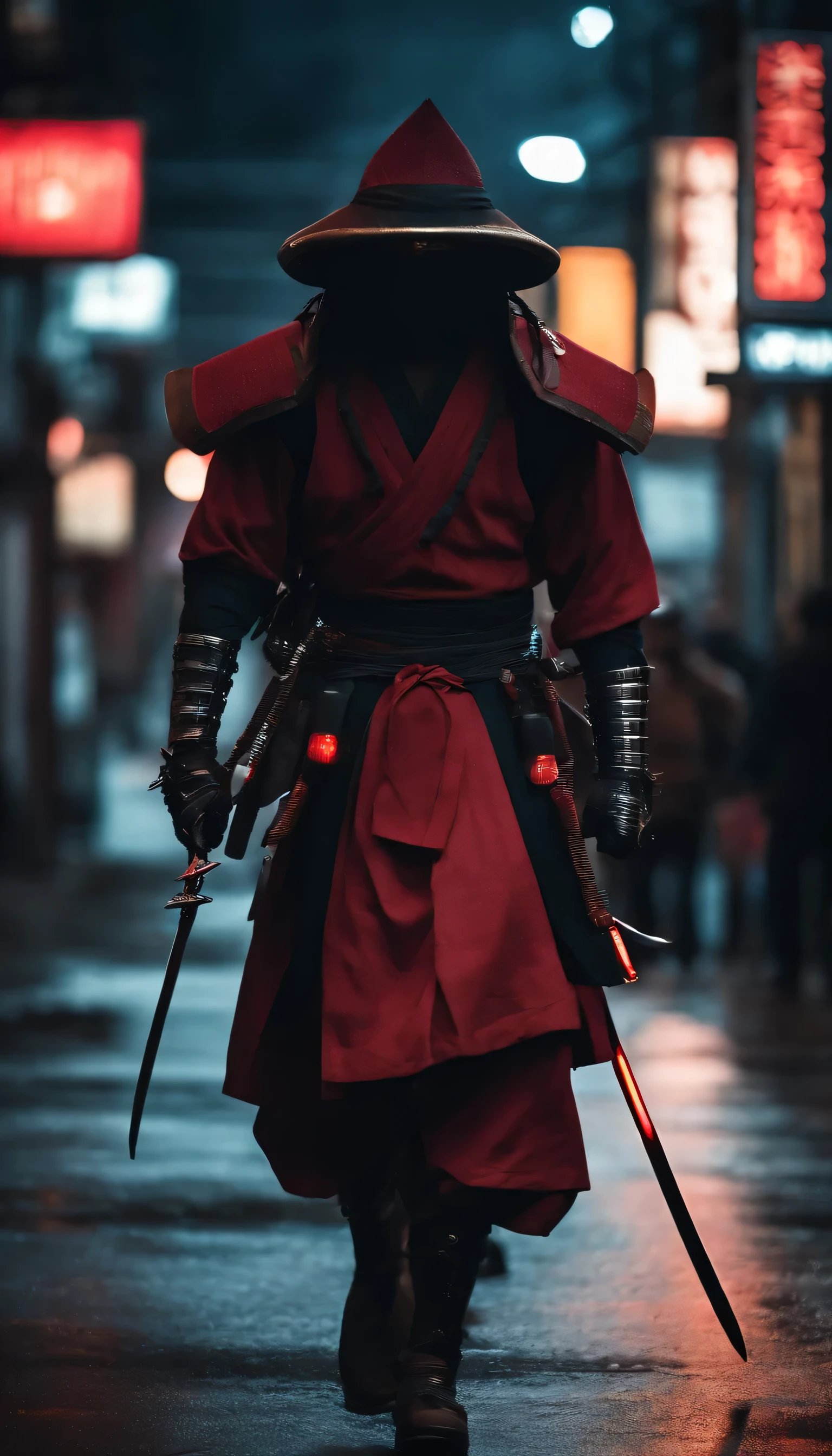 ninja shinobi cyberpunk robot cyborg .big thighs.Wallking street
two samurais walking down a street at night, yasuke.Ninja wearing conical hat. shinobi Cyborg. Red eyes, devil mask, rain. Dark night. Equipped with Sword on back. Katana on back. Robot. gears. screws. lights. wires on back. Arresting monsters in alleys.real. tokyo. UE5 CGI
