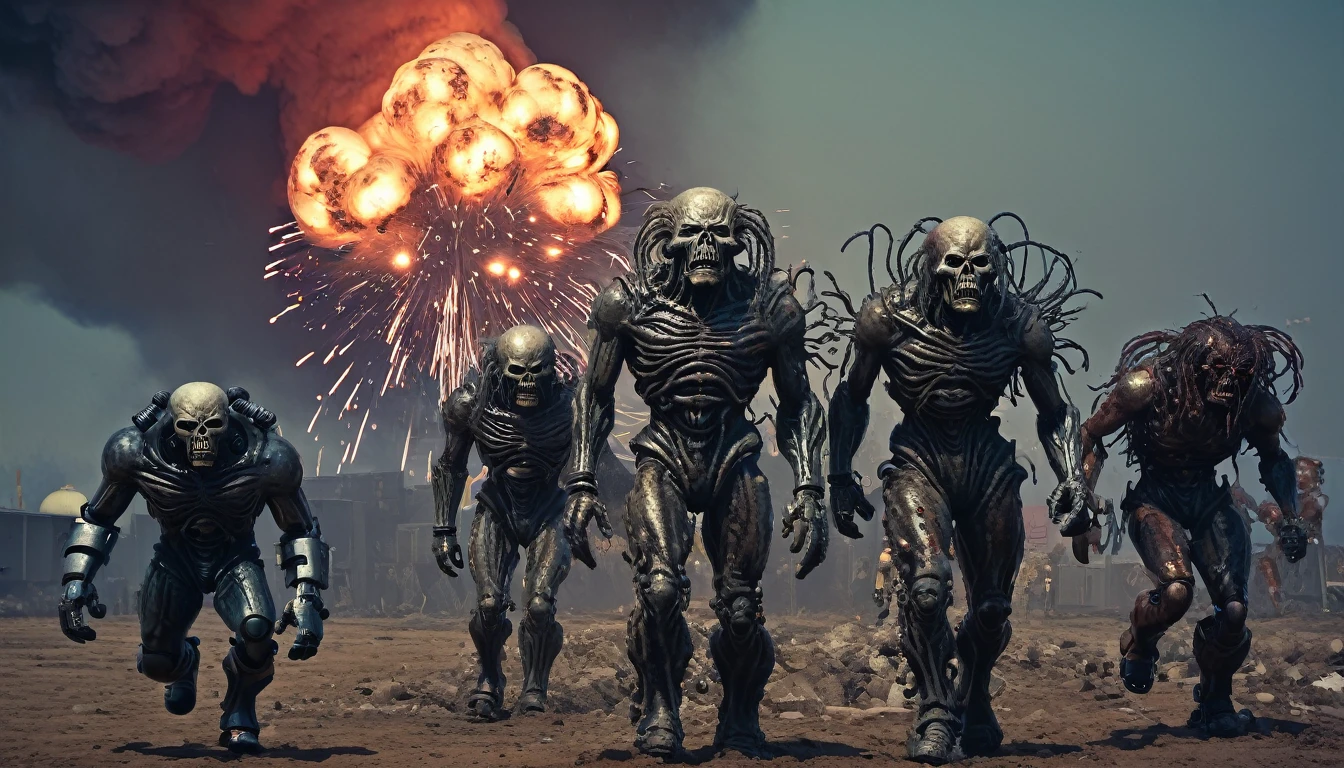 Horror-themed cinematic film with a horror theme yet different views characters from in (full shot:3.1) of lot of 5characters from a movie (Galaxy of Terror), inspired by (Heavy Metal Magazine:2.5), Cyberpunk apocalypse in chaotic world, stalenhag, metal album cover, gwar, Zdzislaw Beksinski, (with monsters and robots, space creatures, monsters, daemons, aliens, mutant, with explosions, smoke and fire:3.1), retro sci fi, movie poster promo, senior artist concept art, artstation trends, high budget full body character design, bokeh, cinemascope, moody, epic, beautiful, film grain, grainy. Sinister, disturbing, dark, scary, suspenseful, gloomy, highly detailed
