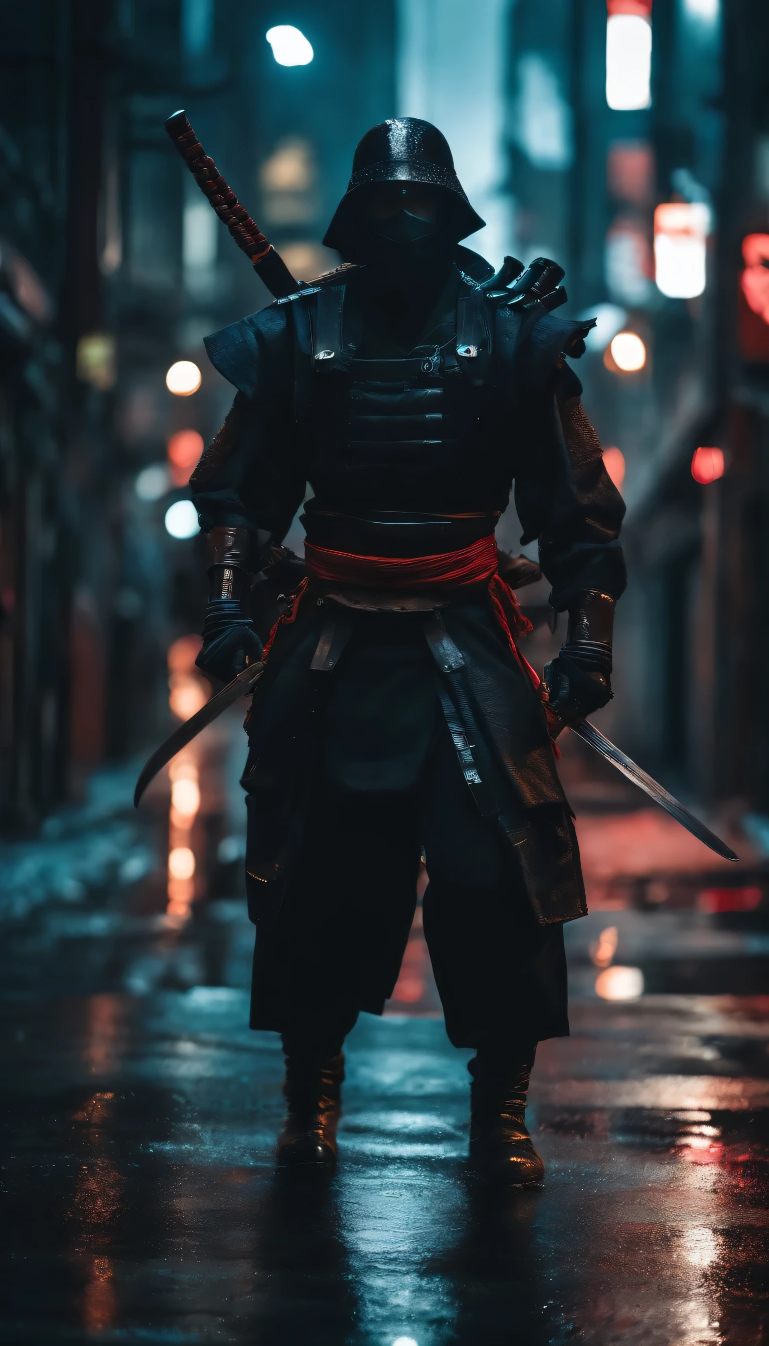 ninja shinobi cyberpunk robot cyborg .big thighs.Wallking street
two samurais walking down a street at night, yasuke.Ninja wearing conical hat. shinobi Cyborg. Red eyes, devil mask, rain. Dark night. Equipped with Sword on back. Katana on back. Robot. gears. screws. lights. wires on back. Arresting monsters in alleys.real. tokyo. UE5 CGI