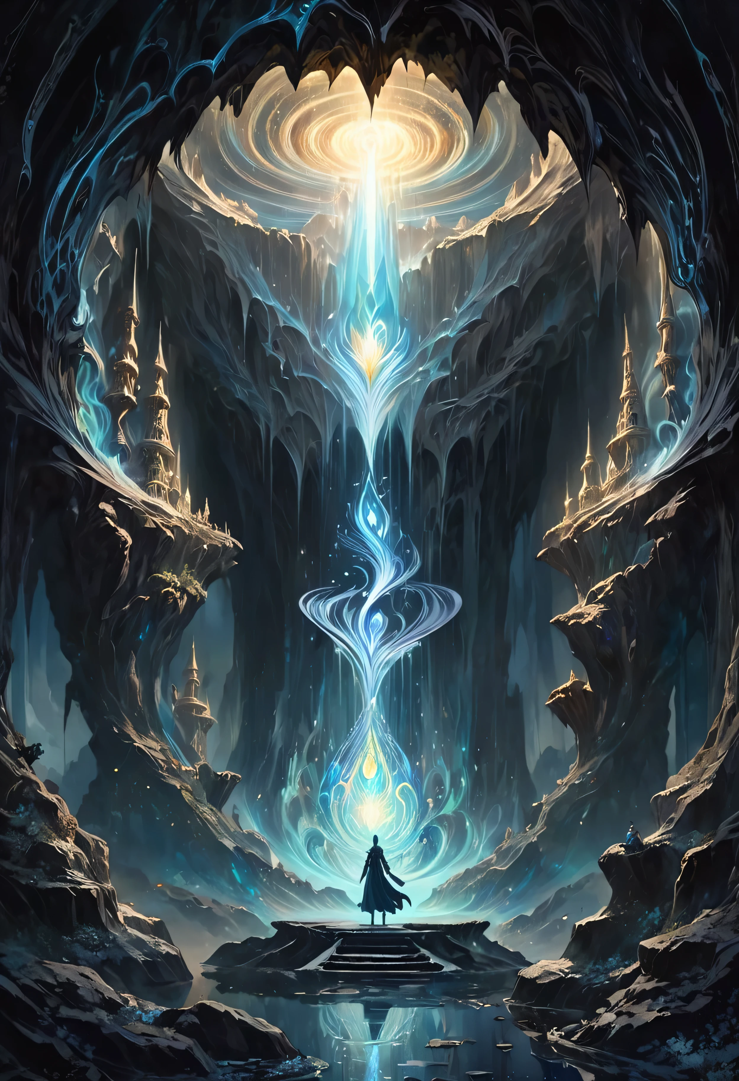 Passing through the dark cave, magical aura spinning, work of art, best qualityer, perfect composition, very aesthetic, absurderes, ultra detali, details Intricate, proffesional, offcial art, Representative work