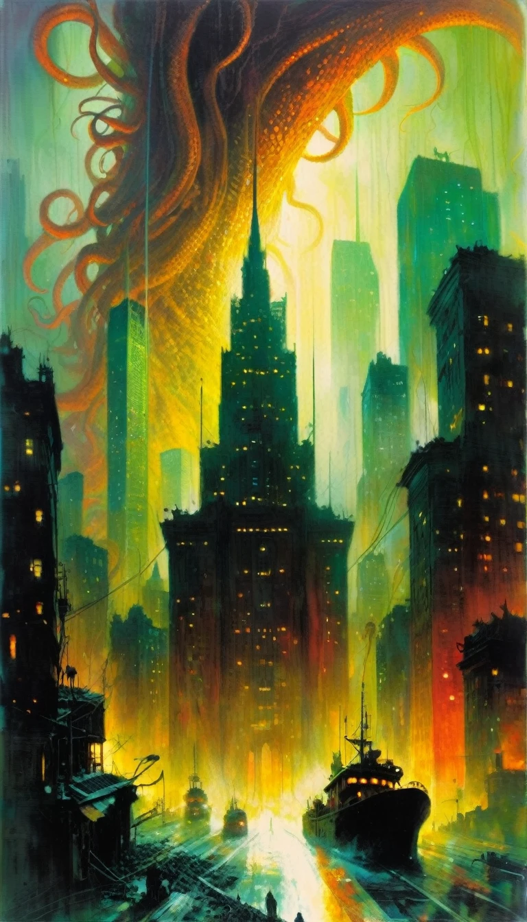 city ​​destroyed by many giant tentacles  (art inspired by Bill Sienkiewicz). oil painting)