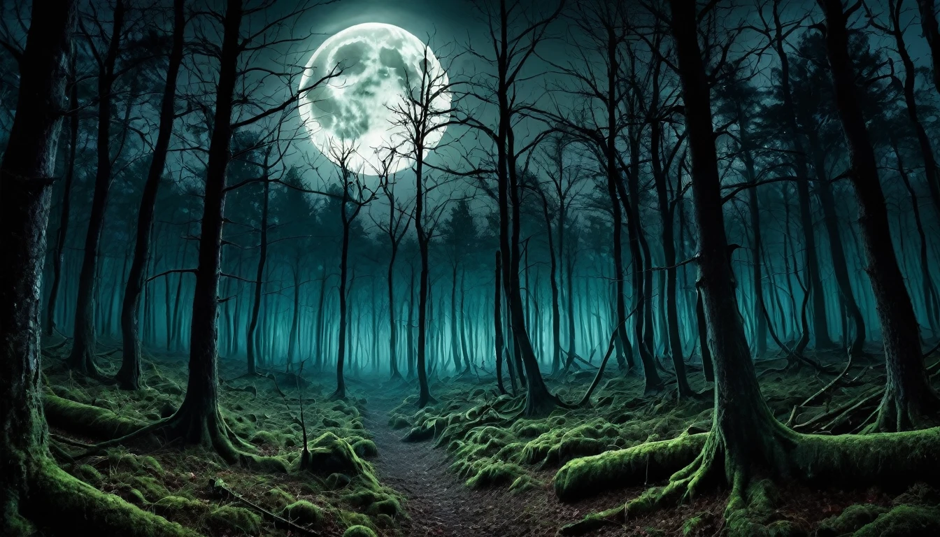 A horror image of a forest with a full moon