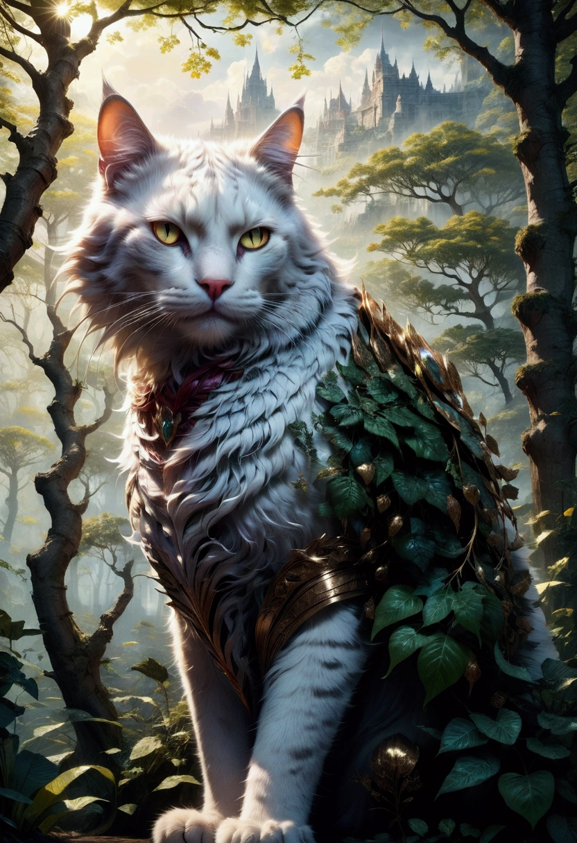 Giant Cat, A giant majestic cat, detailed feline anatomy, intricate fur textures, cinematic lighting, dramatic shadows, epic fantasy landscape, lush foliage, moody atmosphere, vibrant colors, 8k, masterpiece, best quality, very aesthetic, absurdres