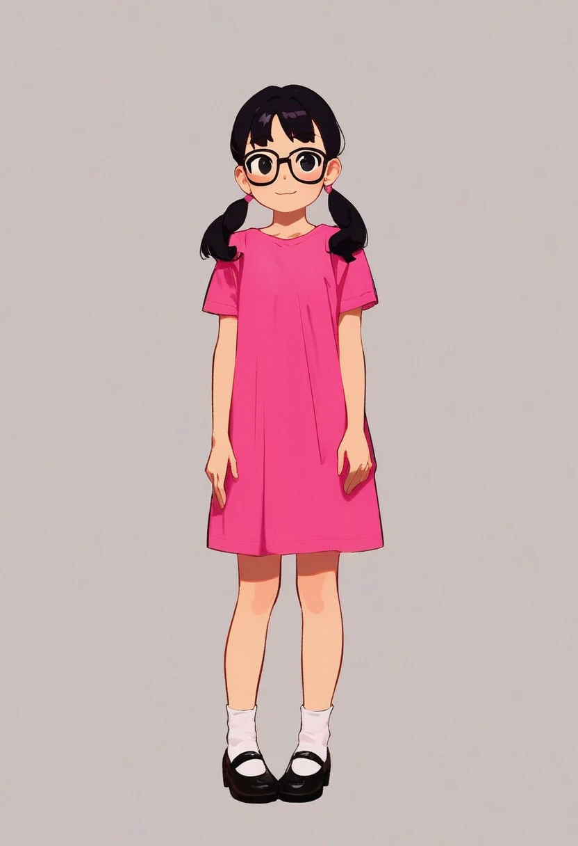 ashley, 1girl, solo, full body, black glasses, black hair, pigtails, pink shirt, short sleeves, white socks, pink mary janes, black eyes, simple background, standing