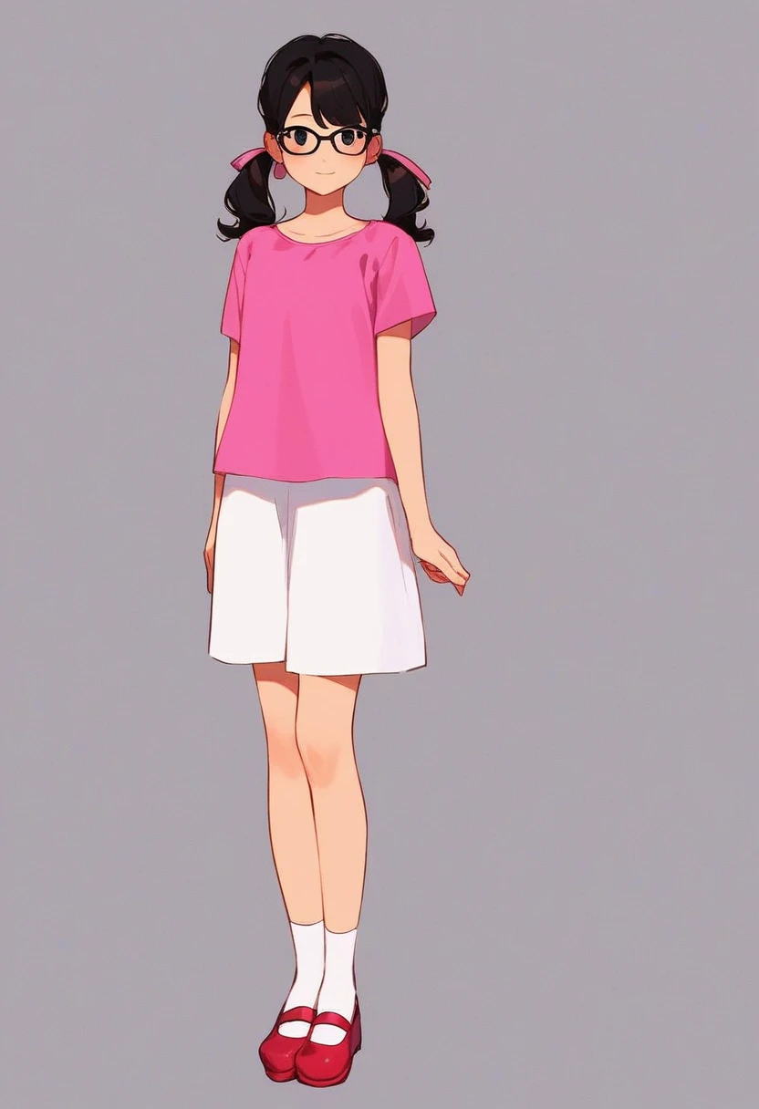 ashley, 1girl, solo, full body, black glasses, black hair, pigtails, pink shirt, short sleeves, white socks, pink mary janes, black eyes, simple background, standing