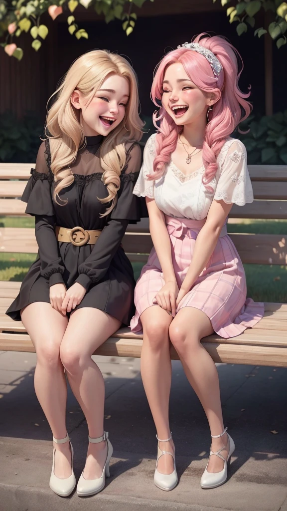 A girl with chubby cheek long curly hair with glasses and pink cheeks. cute outfit white skin chubby fat woman Behind is a flower garden. There is 1 person.
