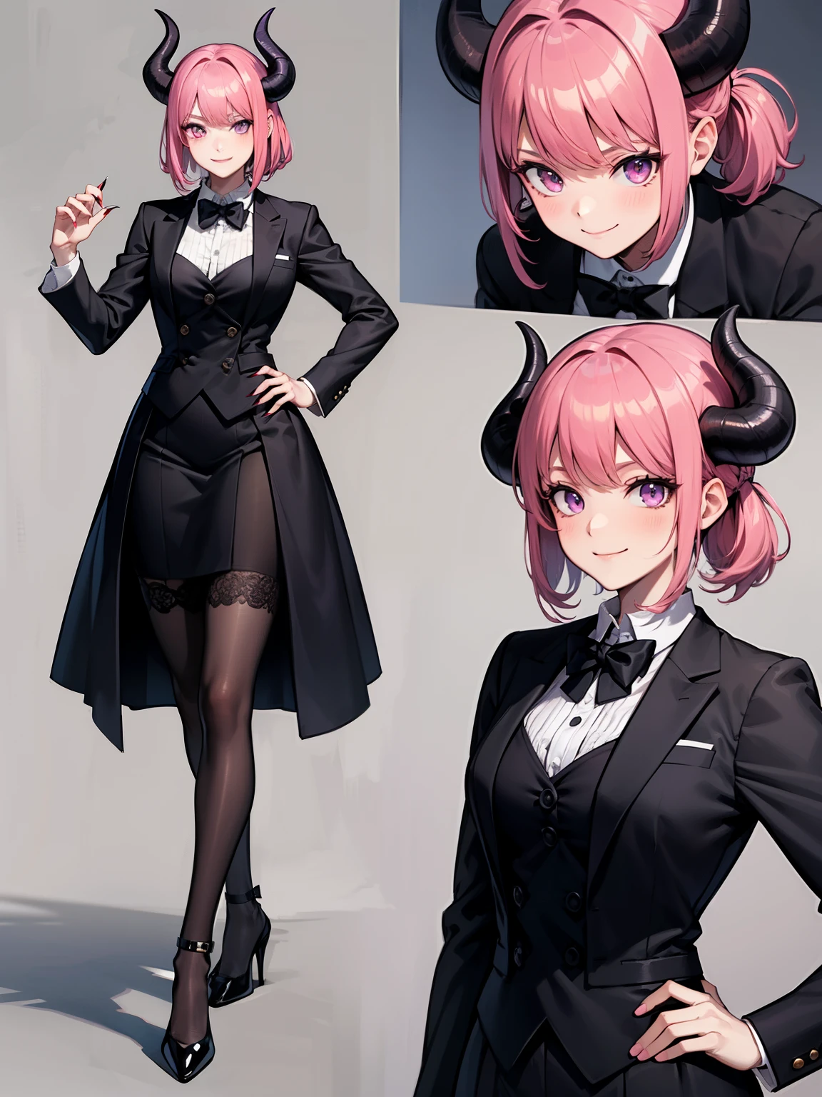 butler outfit, short pink hair, pony tail, purple eyes, gray skin, demon, claws, goat horns, bangs, Gothic art, full body shot, elegant pose, smile, Romanticism, masterpiece, anatomically correct, high quality, super detail, best quality, 4K, 8k