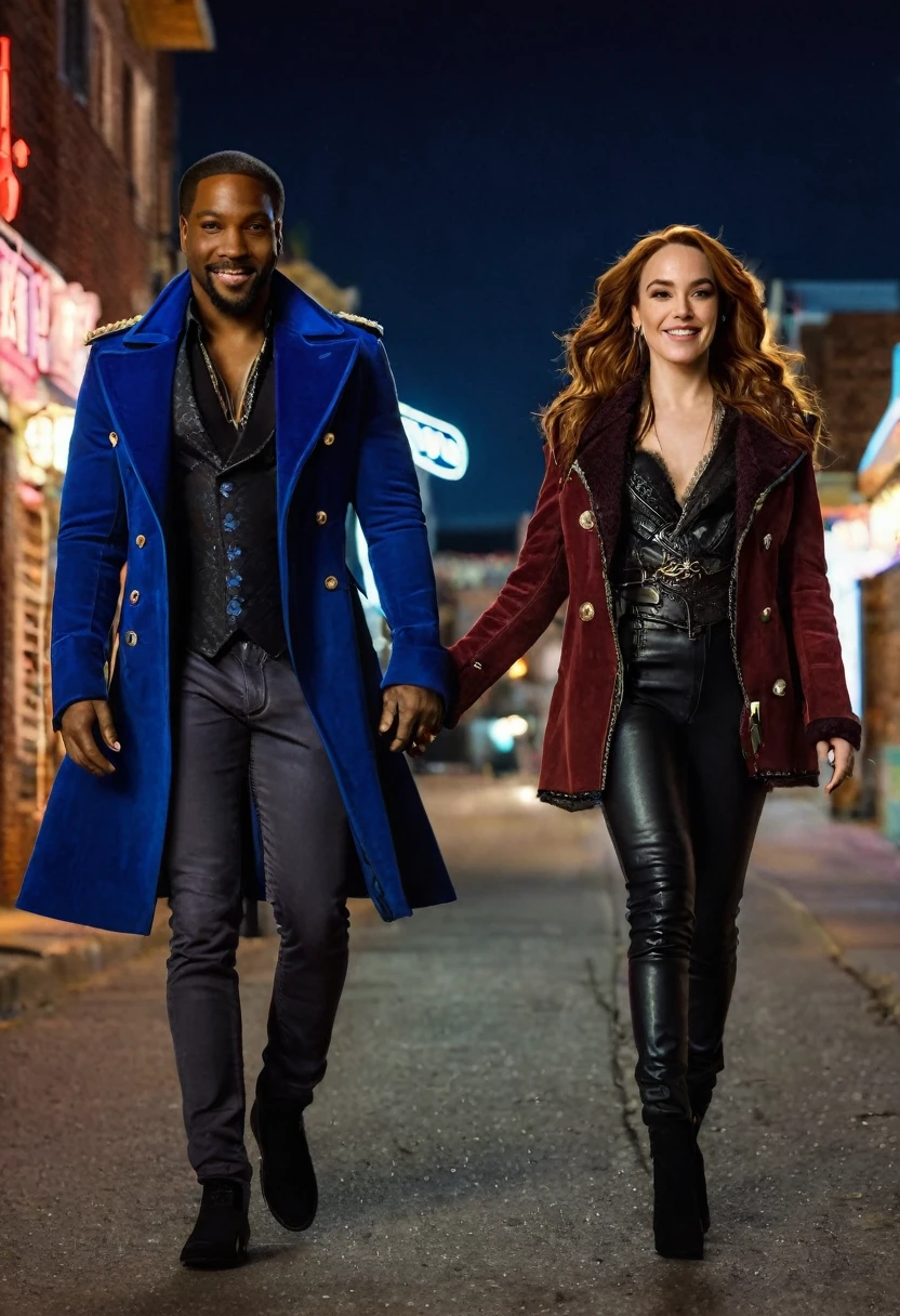 Melanie Scrofano as Wynonna Earp and Shamier Anderson as Xavier Dolls, both from the Syfy television series "Wynonna Earp", enjoy an evening stroll. Both are smiling. Both are dressed attractively for a night on the town. Melanie has lovely makeup on her face. Nighttime. Romantic ambiance. Symmetrical eyes. Symmetrical faces. Lovely details. Photorealistic. Full-colored photo. Professional photo. Highly detailed 8K.