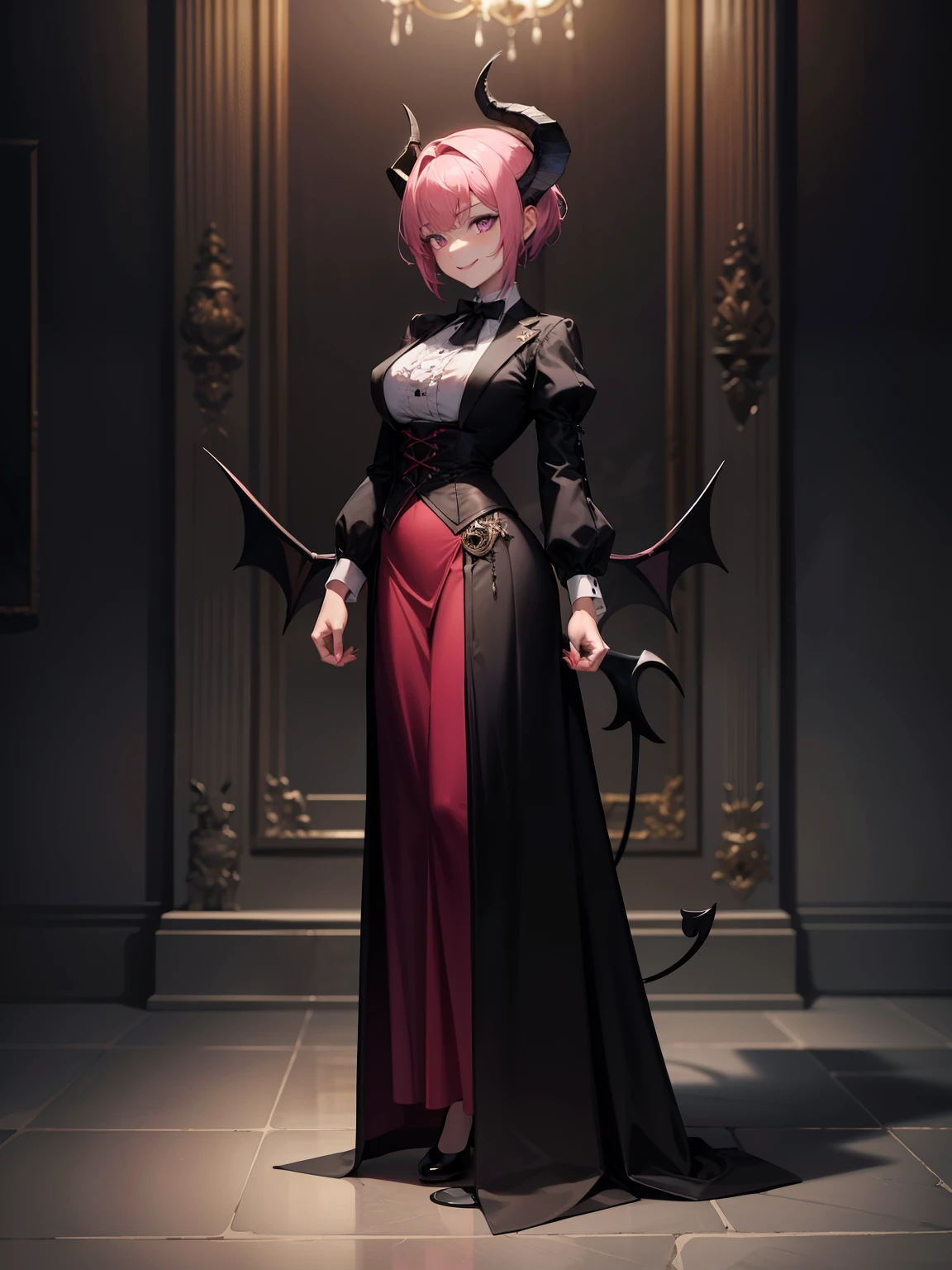 butler outfit, short pink hair, pony tail, purple eyes, gray skin, demon, claws, goat horns, bangs, Gothic art, full body shot, elegant pose, smile, Romanticism, masterpiece, anatomically correct, high quality, super detail, best quality, 4K, 8k