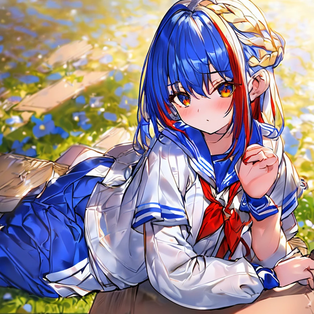 masterpiece++, Best Quality++, ultra-definition++, ultra-definition++, rey tracing, 4K or more++, 8K or more++, Slight details, (Background Focus )++,Young woman with golden laurel wreath, (((Ultramarine hair))), (((White dip dyed hair))), (((red streaked hair))),sailor,Sailor collar,White shirt, skirt by the,anchor,